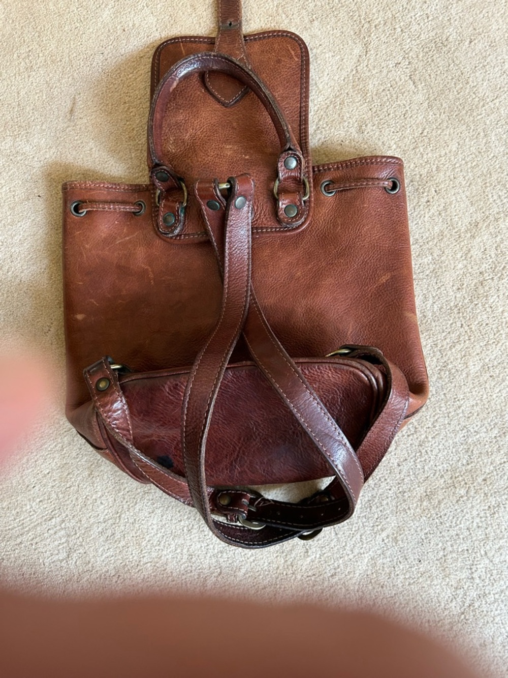 Classic Brown Leather Drawstring Backpack Rugged Boho - Picture 4 of 5